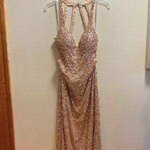 Blush open back, long, v-neck formal evening dress, size 12